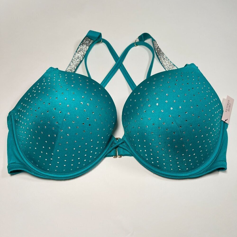 Victoria Secret 34B Bombshell Push Up Bikini Top Shine Strap Capri Sea Blue